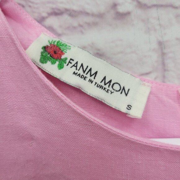 Fanm Mon Pink 100% Linen Dress Size S Short Sleeve Embroidered Floral Cottage - Picture 6 of 9